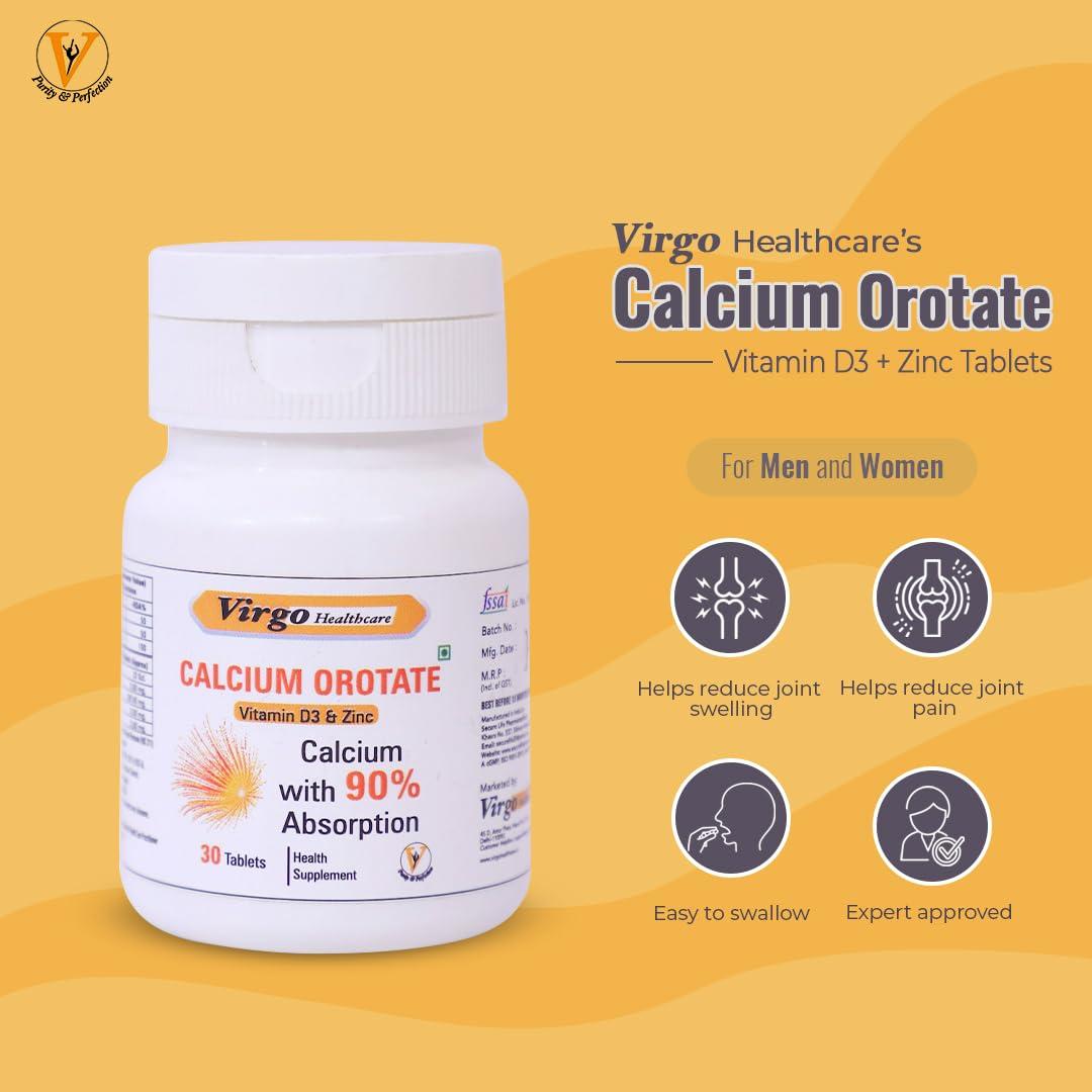 Virgo Healthcare Virgo Healthcare\'s Calcium Orotate (90% absorption) + Vitamin D3 + Zinc Tablets :For Optimal Bone Health & Joint Support - 30 Count (Women and Men)