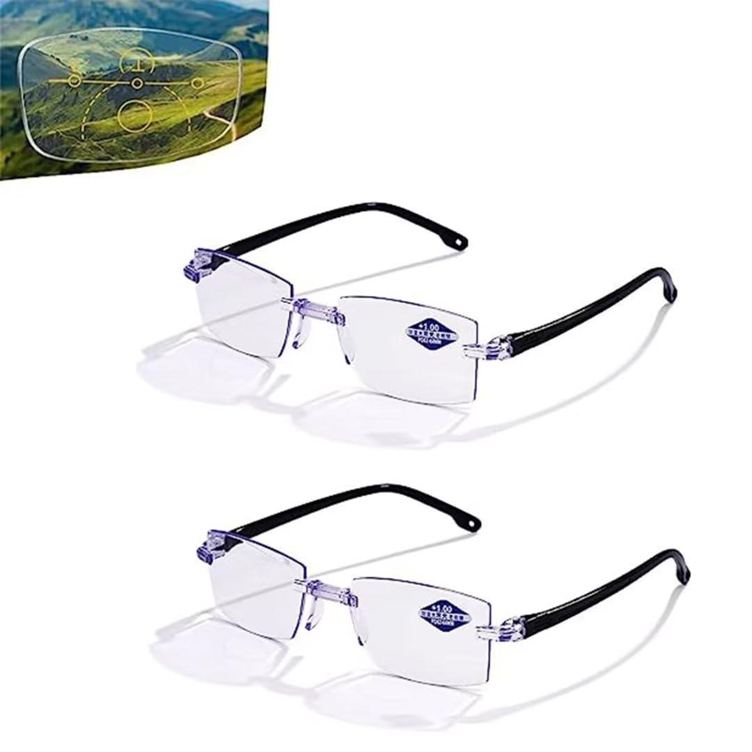 Oplviude 2pcs Color Glint Readers - Color Glint Sapphire High Hardness Anti-blue Progressive Far and Near Dual-use Presbyopic Reading Glasses (+3.50/ (65-70))