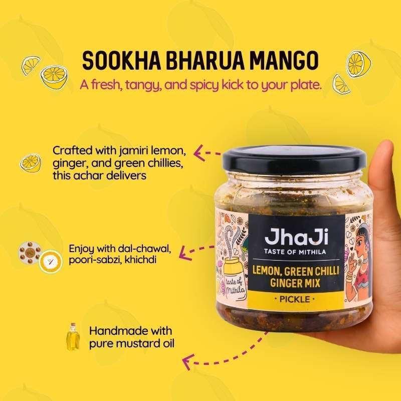 JhaJi - Taste of Mithila JhaJi - Taste of Mithila Lemon,Ginger & Green Chili Mixed Pickle|Neembu Adrak Mirch Ka Khatta Achar|Tangy,Sour|No Vinegar|Sun-Dried. No Preservatives & Colors|Bihari-Style Homemade Pickle,500G
