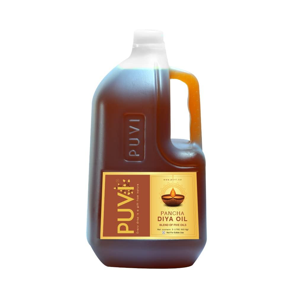 PUVI PUVI 5L Pancha Diya Oil/Lamp/Pooja/Deepam Oil | Chemical free | Unscented | Low soot | Blend of Sesame, Coconut, Castor, Mahua and Ghee (5 Ltr)