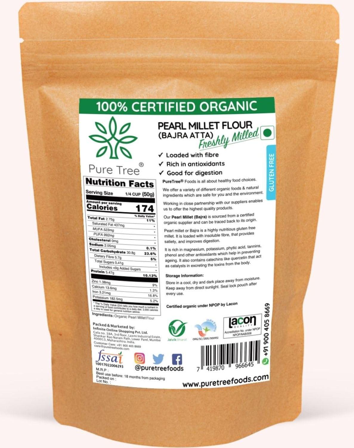 Pure Tree Pure Tree Certified Organic Bajra Flour Freshly Milled | 900 g | Bajra Atta | Gluten-Free Pearl Millet Organic Flour | Bajre Ka Atta | Millet Atta | Kambu Flour