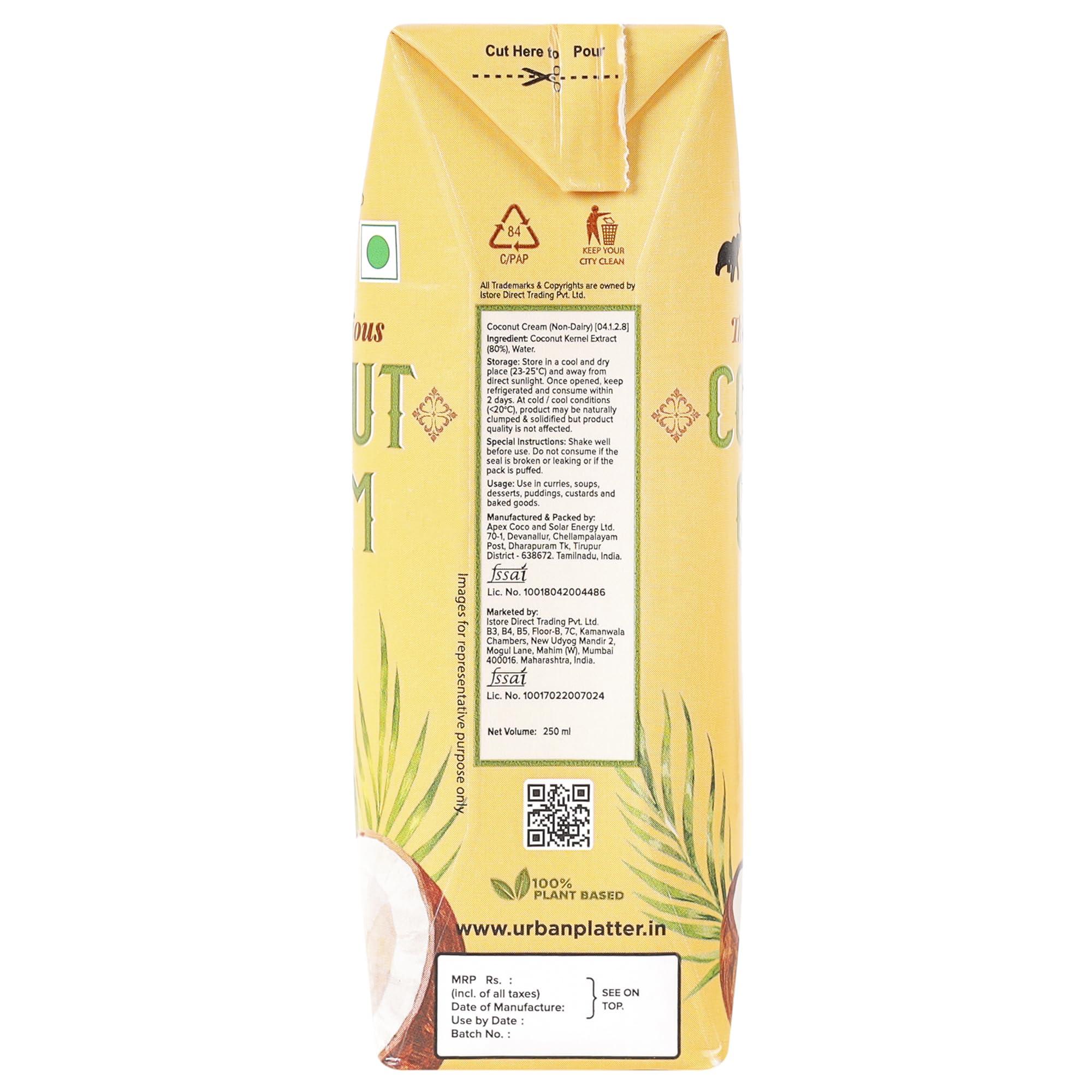 urban platter Urban Platter Unsweetened Coconut Cream, 250ml [ 23% Fat, Additive-Free, Made in India, 100% Pure & Thick, Clean Label]