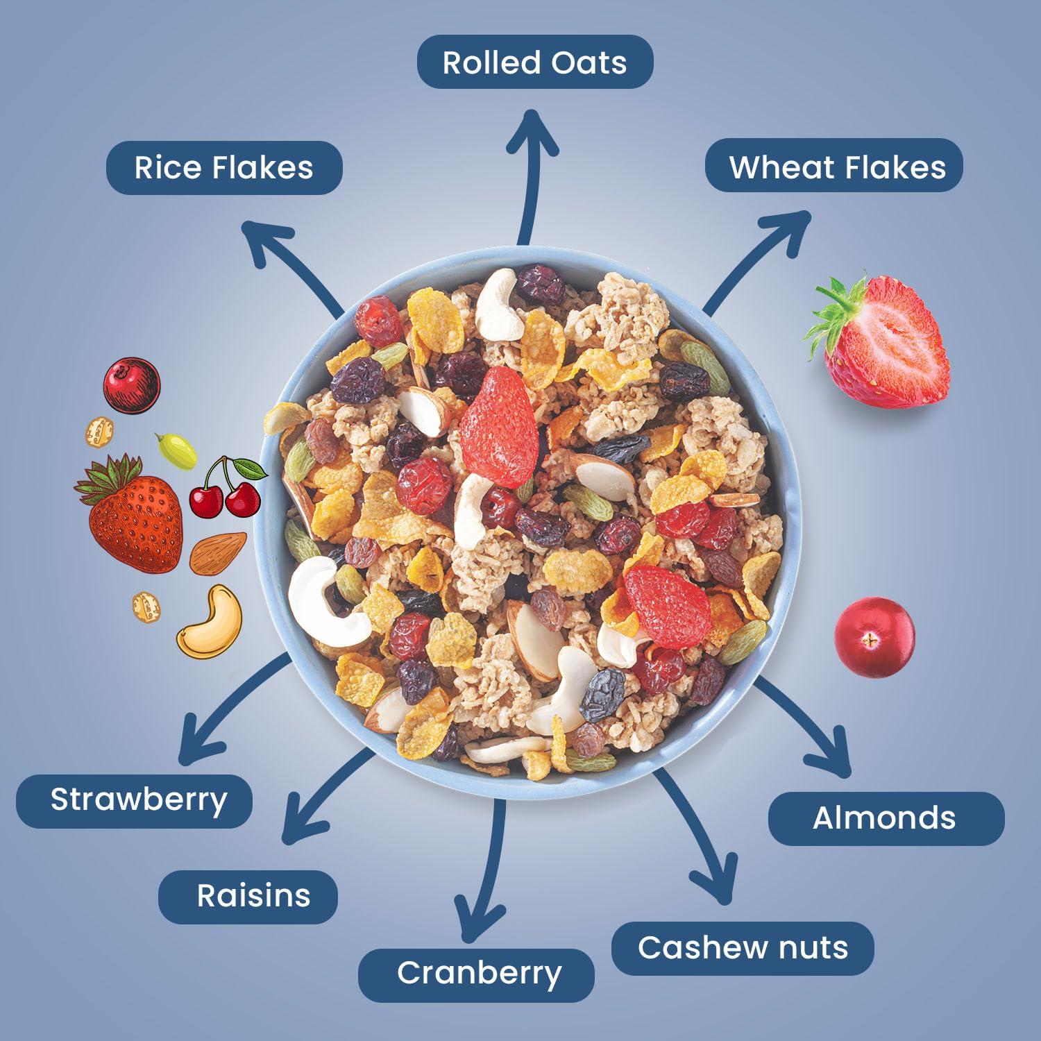 JEWEL FARMER Jewel Farmer Oat Bunches Nuts & Berries Crunchy Granola 200 gm With Oats, Multigrains | No Preservative | Vegan & Plant Based | High in Fibre & Protein | Breakfast Cereal Can Be Consumed As Muesli