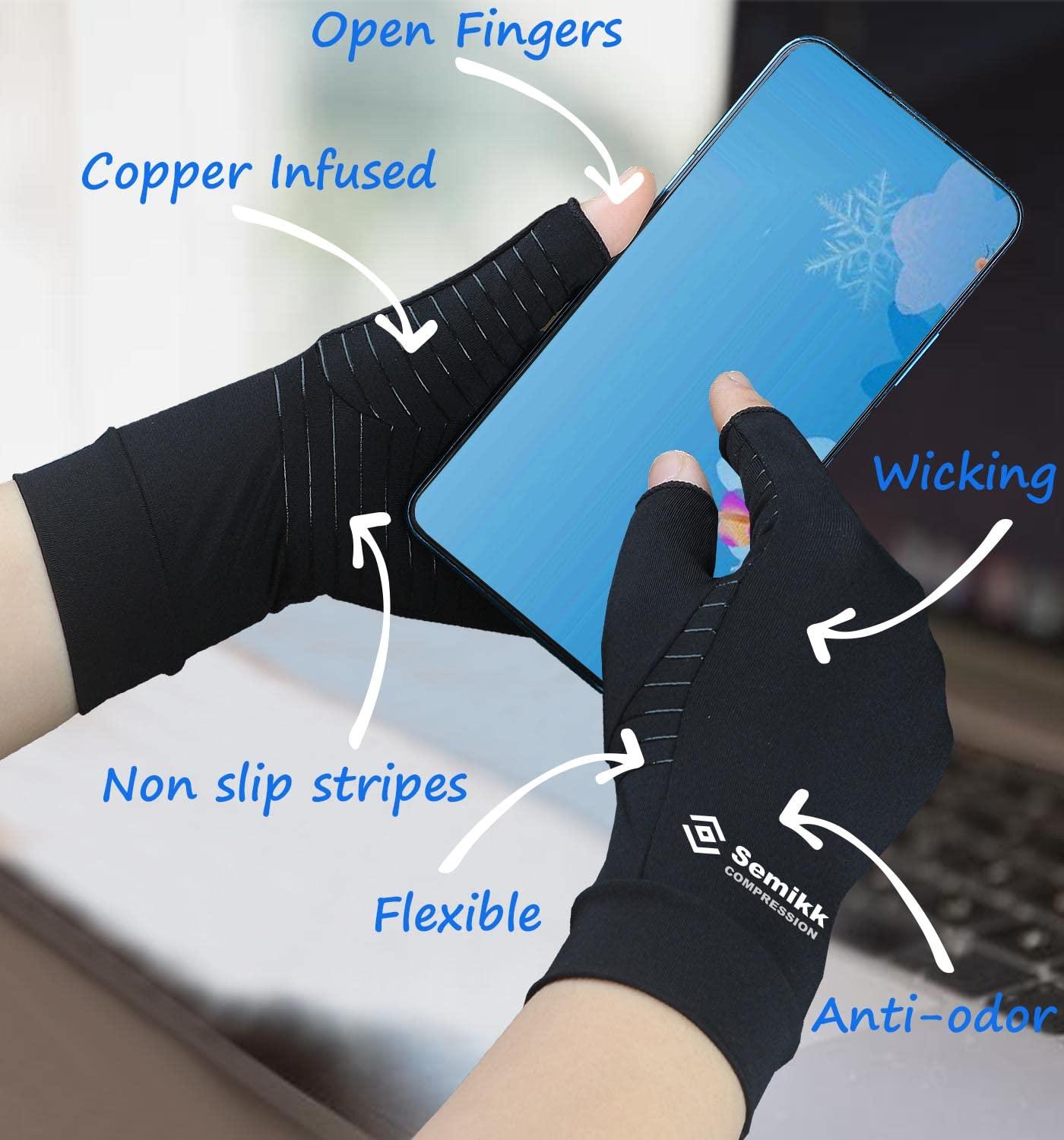 Semikk Semikk Compression Gloves for Women and Men Copper Infused Glove for Rheumatoid Arthritis Osteoarthritis Carpal Tunnel Raynauds Disease Hand Pain Relief and Support Open Finger (Black, Small)