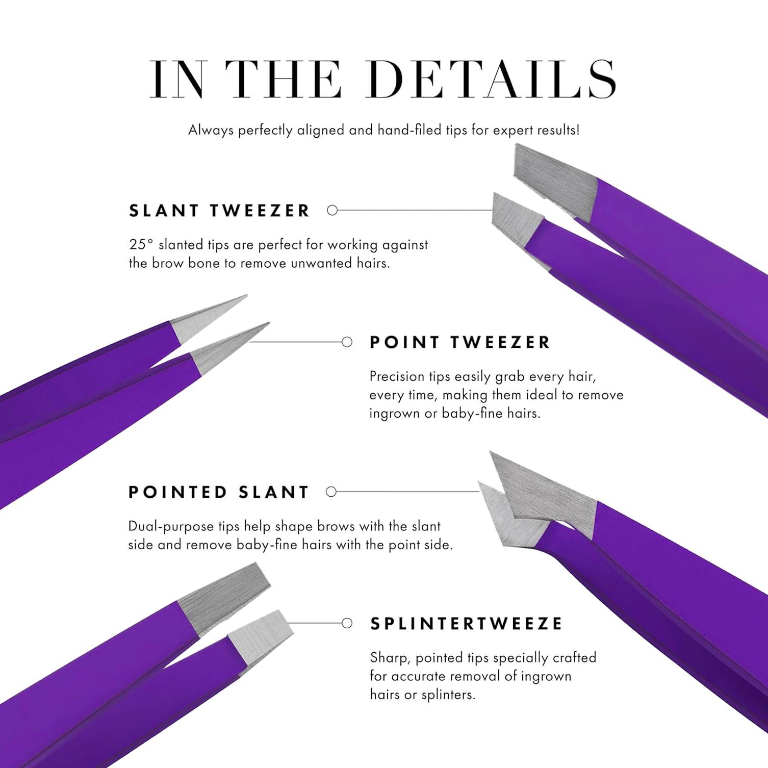 PROMAX Promax Care EyeBrow 4-piece Tweezers Set;-for Eyebrow Plucking, Ingrown Hair -Best for Eyebrow Hair, Facial Hair Removal,Splinter - Stainless Steel Precision Sharp- Pointy Ends Meet Perfectly (Purple)