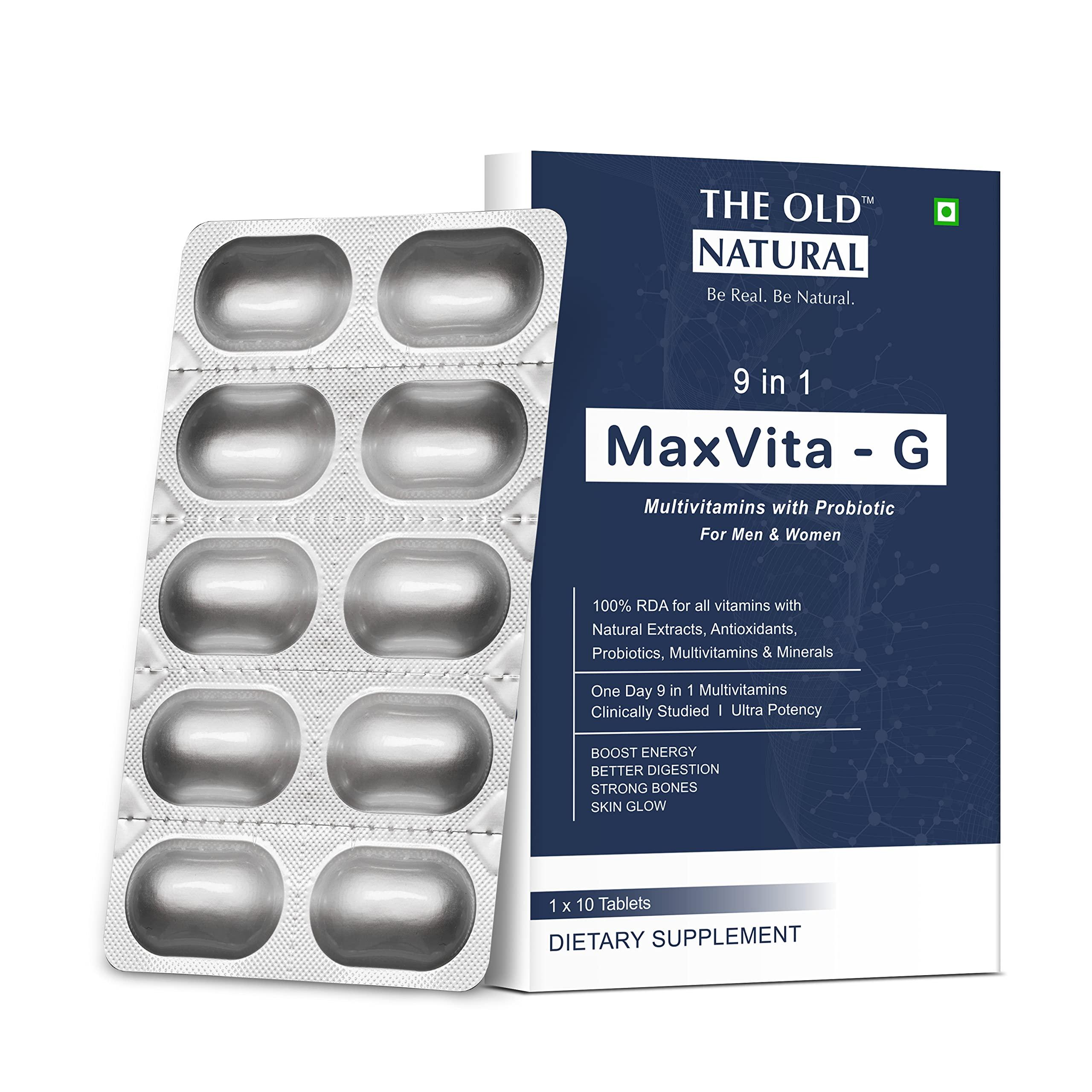 The Old Natural The Old Natural Maxvita -G Multivitamin with Probiotic 50 Tablets I Combination Of 9 In 1 Blends - Vitamins, Minerals, Prebiotic & Probiotic (Pack of 5 Strips - 50 Tablets)