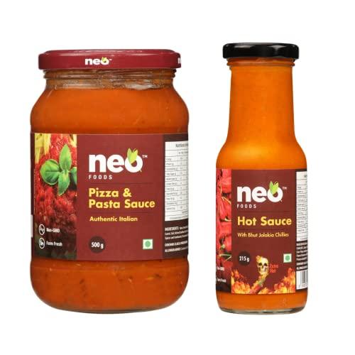 Neo Neo Pizza Pasta Sauce 500g & Hot Sauce 215g I Made with Ghost Peppers (Bhut Jolokia Chilli) I Topping & Dip for Snacks,Mix with Cheese,Mayonnaise I Ready to Eat I Farm Fresh I Vegan