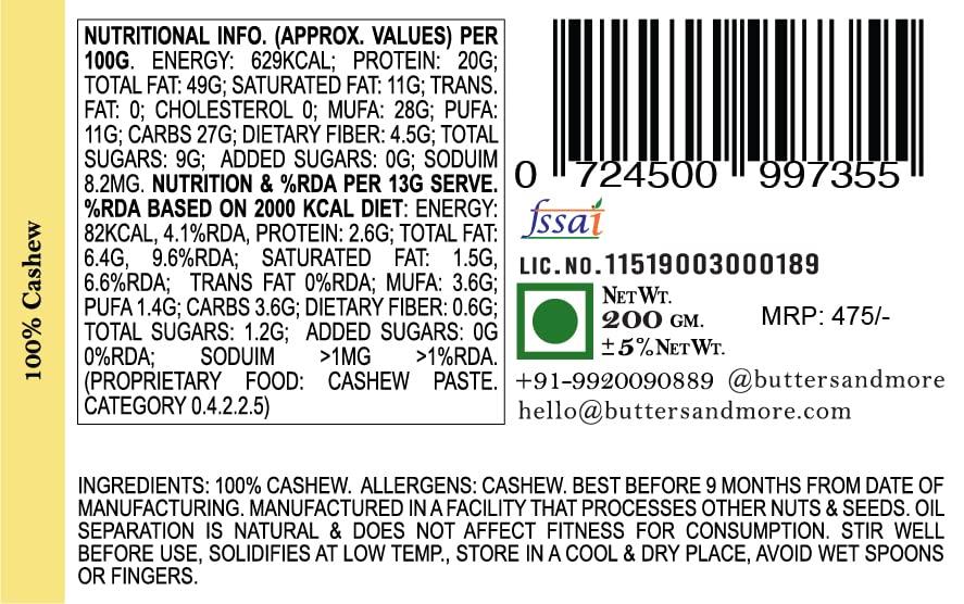 Butters & More Butters & More Vegan All Natural Cashew Butter (Pack of 3x200G) Keto & Diabetic Friendly Creamy Unsweetened Nut Butter. Super Saver Pack.