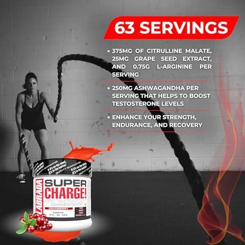 Labrada Labrada Super Charge Pre-Workout 315g, Cranberry (63 Servings | 0.75 L-Arginine | 375mg L-Citrulline Malate | 2g Beta Alanine | 150mg Caffeine Anhydrous | 250mg Ashwagandha Extract)