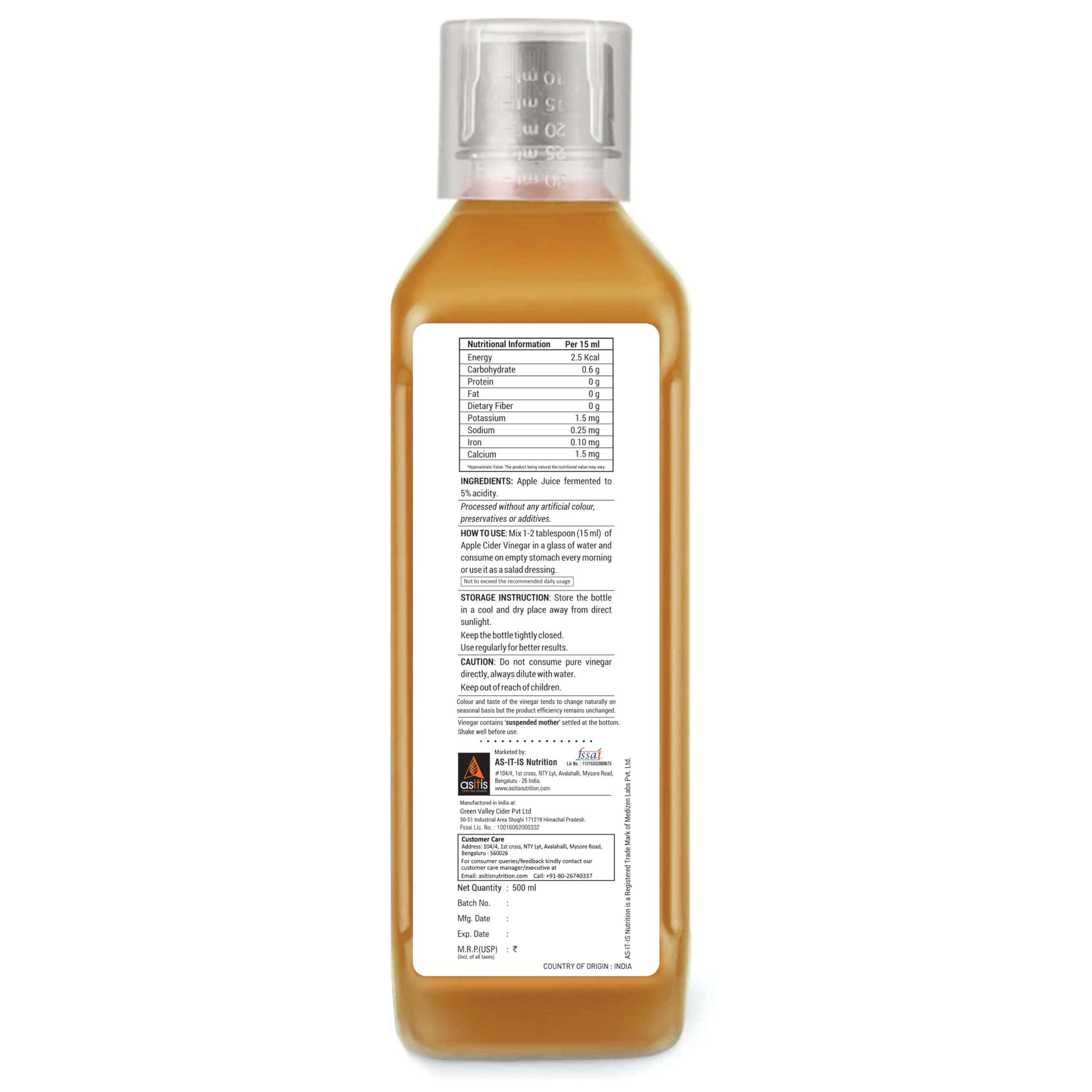 Asitis Nutrition AS-IT-IS Nutrition Raw Apple Cider Vinegar with Mother 500ml- Undiluted & Unfiltered