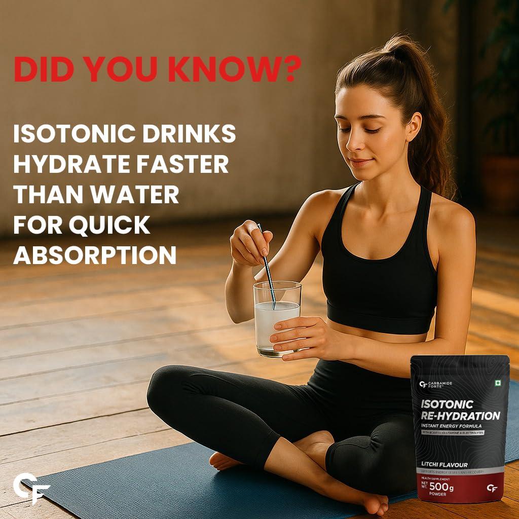 Carbamide Forte Carbamide Forte Isotonic Powder | Pre Workout Supplement For Men And Women| Instant Energy Drink for PreWorkout | Electrolytes Powder with added BCAA & L Glutamine - Litchi Flavour - 500g (Pack of 1)