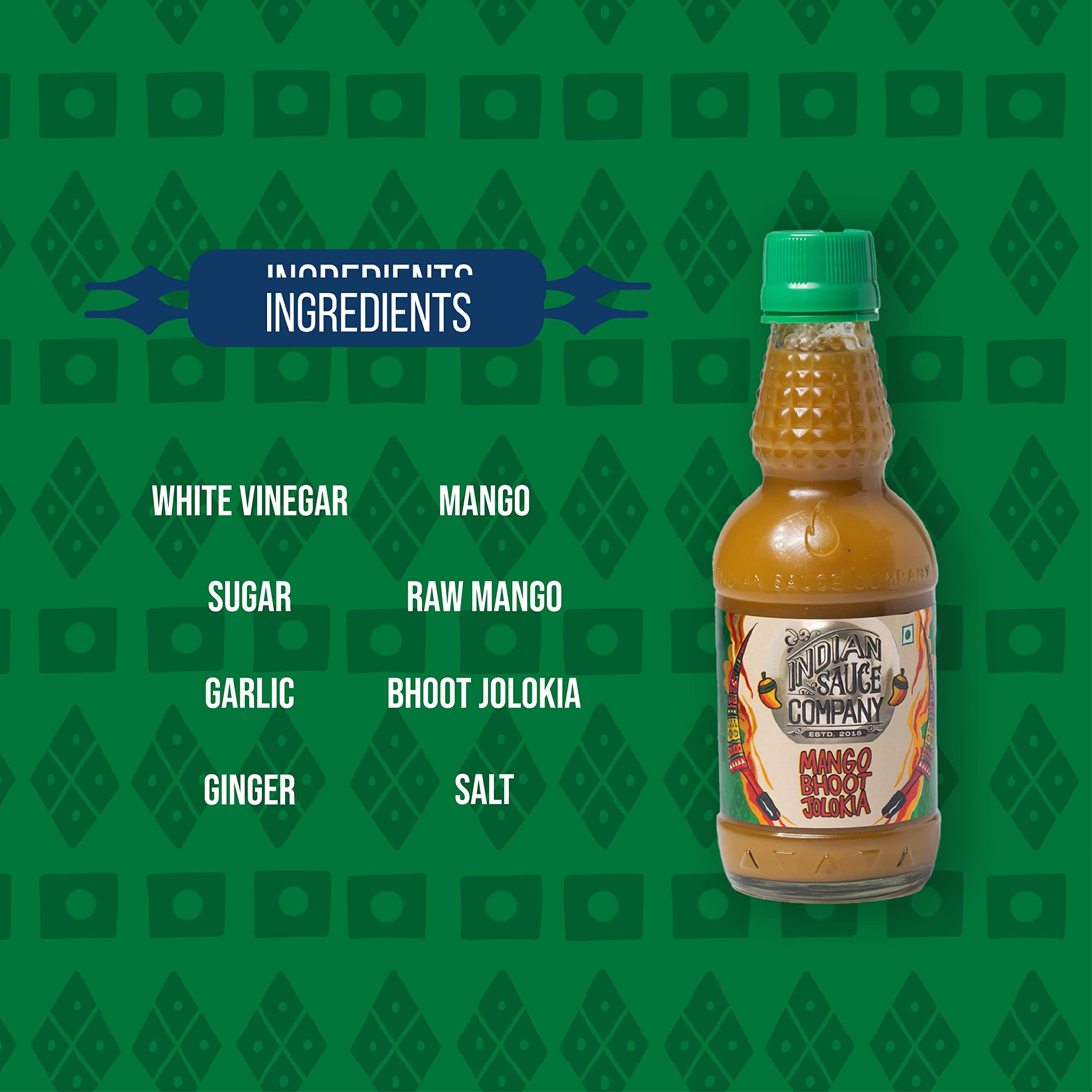 INDIAN SAUCE COMPANY Indian Sauce Company Mango Bhoot Jolokia Hot Sauce, 180 ml - Pack Of 2 | Perfect Blend of Flavour and Taste | Spicy Level 6 on 10 | Bhut Jolokia Chilli Sauce For All Cuisines | No Artificial Colours.