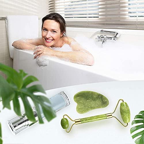 KILO COOL HVAC Jade Roller and Gua Sha Set for Beautiful Skin Detox - Facial Body Eyes Neck Massager Tool Reduce Wrinkles Aging - Original Natural Jade Stone