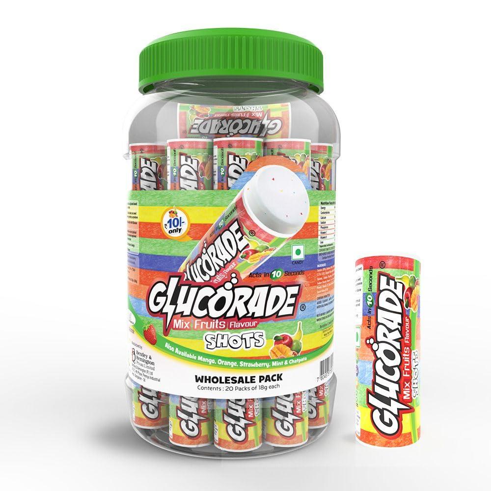 Glucorade Glucorade Shots Glucose Energy Tablets | Mix Fruit Flavour | Jar pack of 20 Tubes | Glucose provides instant energy