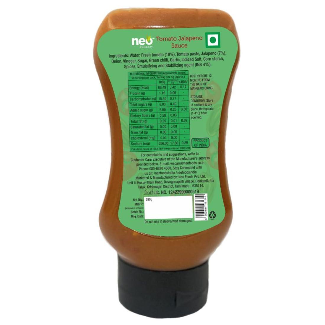 Neo Neo Tomato Jalapeno Sauce 290g I 100% Vegan I Gluten Free I Use as Dip Spread Marinade Sauce I Topping and Dip for Snacks, Spicy Sauce I Enjoy as Spread for Sandwich and Vada Pav I Pack of 1