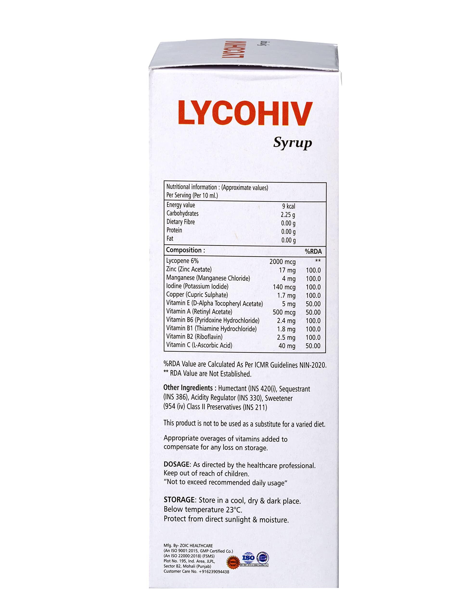 Vivaceutical Lycohiv Syrup - Lycopene, Multi-Vitamins, Multi-Minerals and Antioxidant Syrup | 200ml