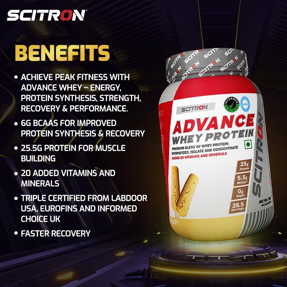 SCITRON Scitron Advance Whey Protein 1Kg Kulfi (28.5 Servings, 25.5g Protein, 5g BCAAs, 0g Sugar, 20 Vitamins & Minerals) Certified by Labdoor,USA | Sourced from Glanbia Nutrition | Certified by Informed Choice
