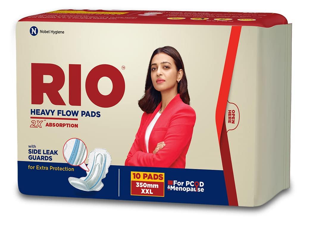 RIO RIO Sanitary Pads For Women Xxl,10 Pads Max Coverage 350 Mm With 50%Wider Back,2X High Absorption With Leak Proof Side Walls,Anti-Bacterial,Double Wings,Cottony Soft And Rash Free,LeakFree,Odour Lock