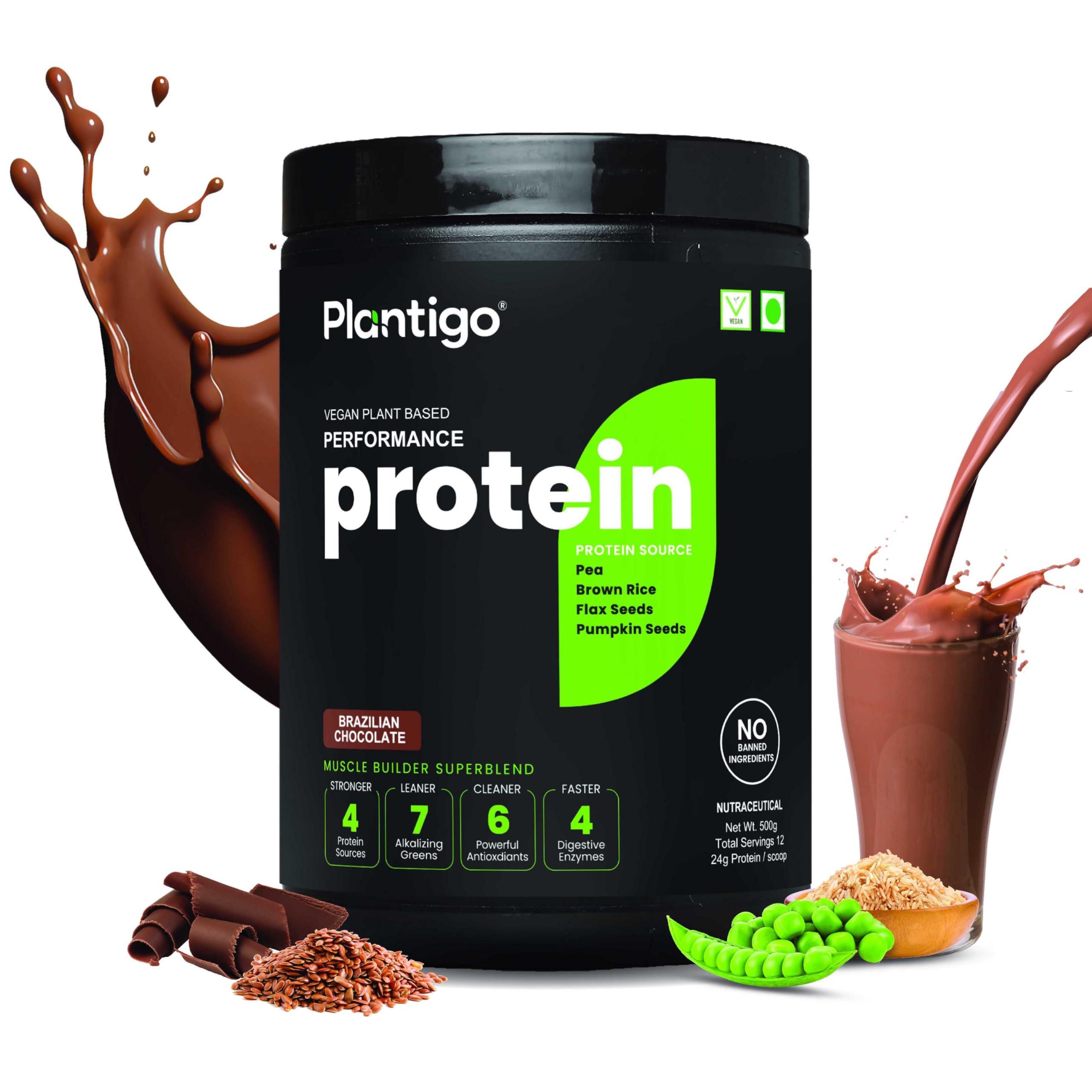 PLANTIGO Plantigo Plant Protein Powder - Men & Women, 500g Brazilian Chocolate | Plant Based Vegan Pea Protein Powder | 24g Protein, 5g Fiber, 3g BCAA, 20+ Vitamins, Minerals| No Added Sugars, No Preservatives