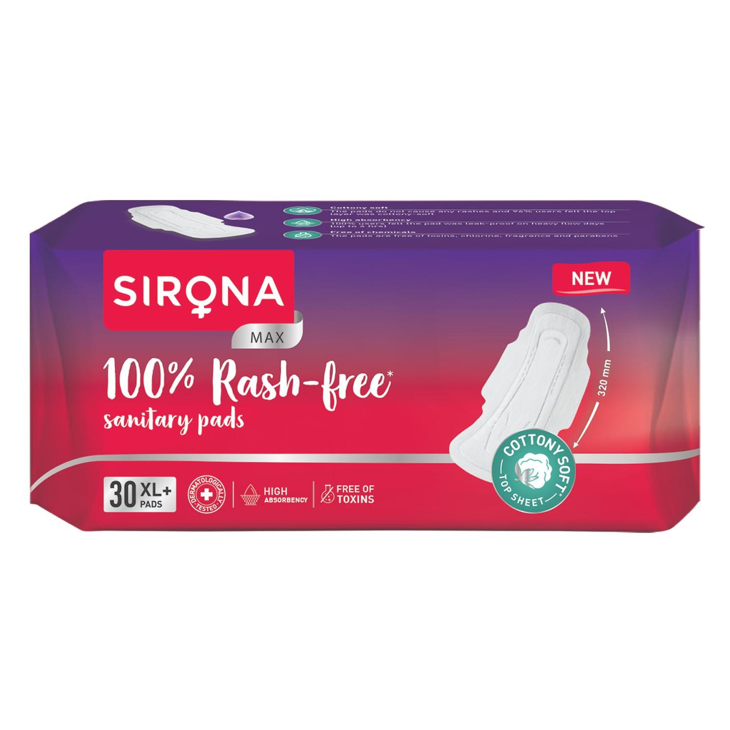 Sirona Sirona Max Sanitary Pads for Women | XL Plus (Pack of 30 Pads) | 100% Rash Free & Toxic-Free | Organic Cotton Sanitary Pad | Up to 0% Leakage, Comfortable & High Absorbency