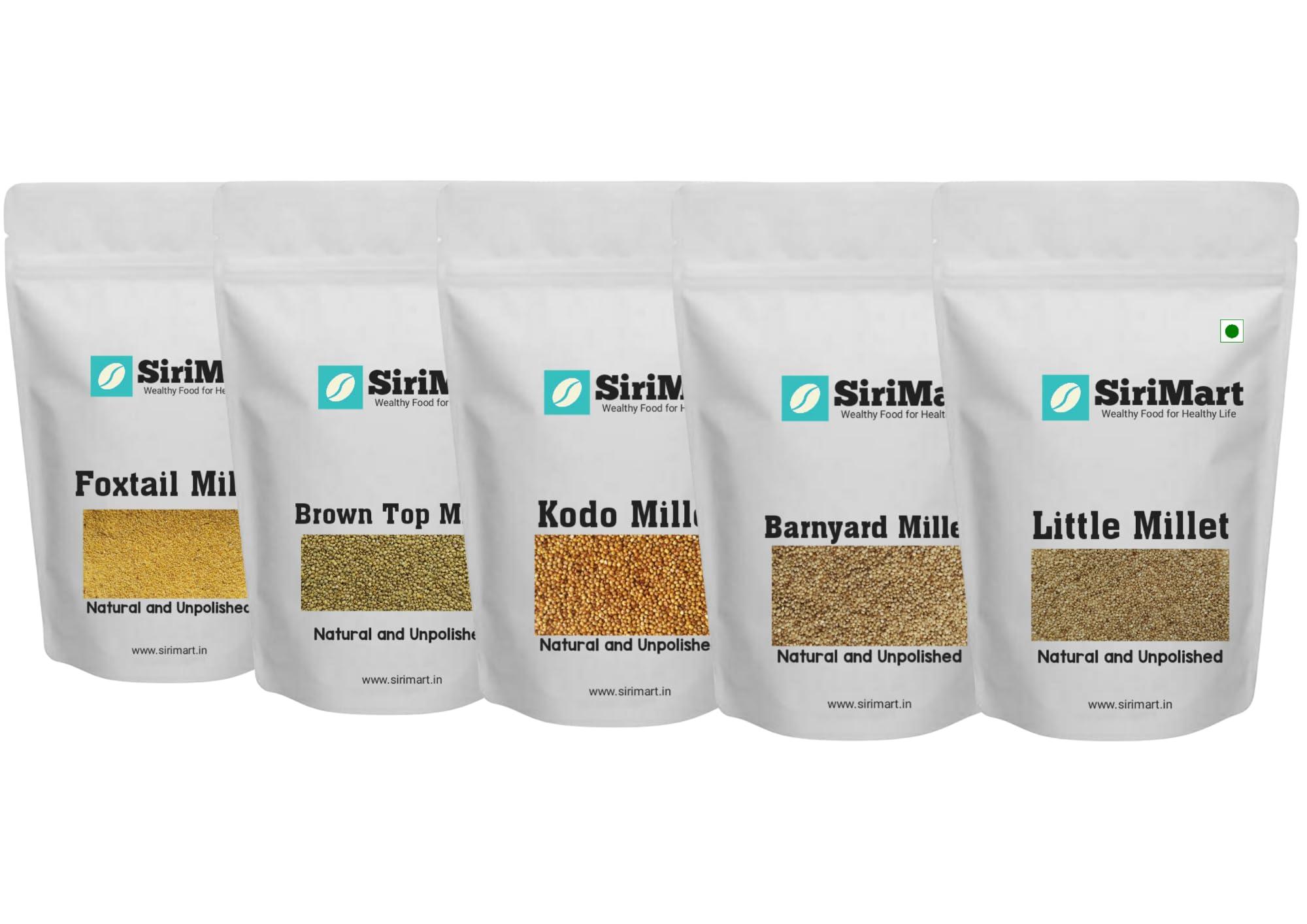 SiriMart Sridhanya combo pack of 5 positive millets having browntop millets | 1 kg Unpolished Millet Combo Pack of 5, Browntop, Foxtail, Kodo, Barnyard, and Little Millet [Total 5 kg], Natural Farm Grown