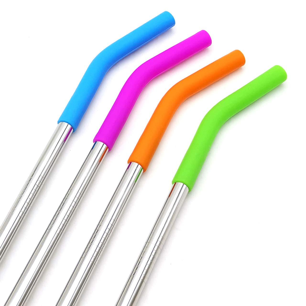 GFDesign Big Drinking Straws Reusable 14.5\" Extra Long 8mm Extra Wide Food-Grade 18/8 Stainless Steel Silicone Elbows Tips for Smoothie Milkshake Cocktail Juice Hot Drinks - Set of 4 + 2 Cleaning Brushes