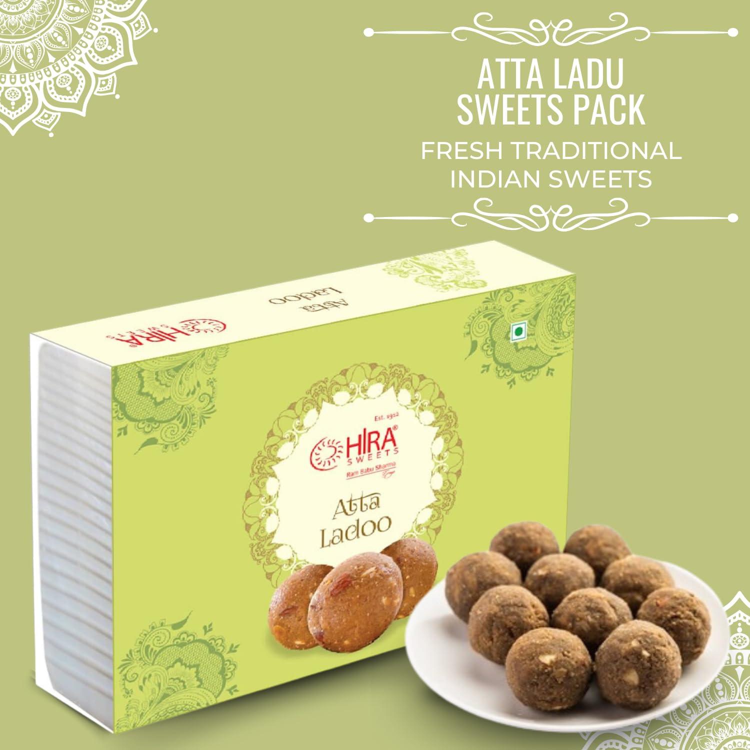 HIRA SWEETS HIRA SWEETS Atta Ladoo 500 g | Made with Pure Desi Ghee | Atta Laddu | Handcrafted Indian Traditional Sweets | Indian Mithai | No Added Colours or Flavors | Festival Indian Sweets Box