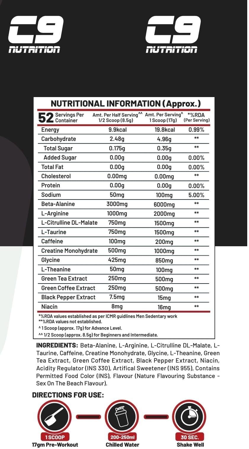 C9 NUTRITION C9 Nutrition Brutal Pre Workout Best|Caffeine 200mg|L Arginine 2000mg|L Citrulline 1500mg|L Taurine 1500mg|Energy Focus Endurance|Energy Drink Supplements for Men & Women (450gm, 52 Serving) (Mix Fruit Blast)