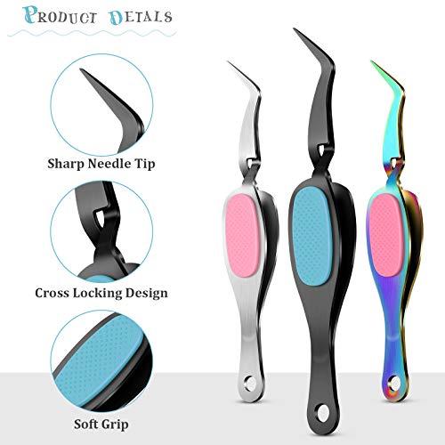 Honoson 3 Pieces Craft Tweezers Stainless Steel Tweezers Soft-Grip Precision Tweezers Crossing Lock Curved Tweezers Pointed Tip Tweezers for Eyelash Extensions Nail Salon Beading Jewelry Tool