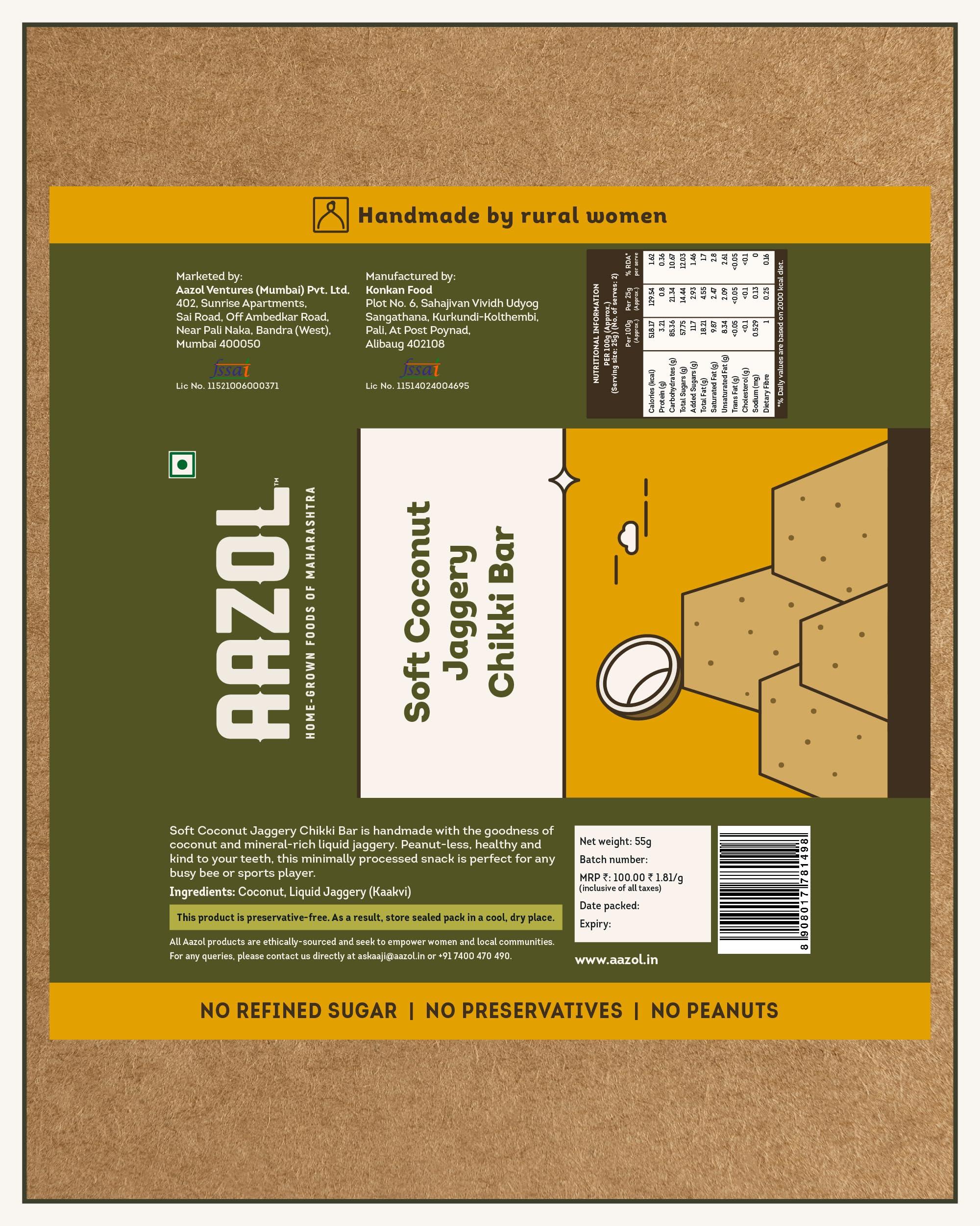 AAZOL Aazol Soft Coconut Jaggery Chikki Bar (Pack of 9) | High-energy Snacks Bar | Contains Nutritious Coconut and Mineral-rich Liquid Jaggery | Soft Crumbly Texture | No Refined Sugar or Preservatives