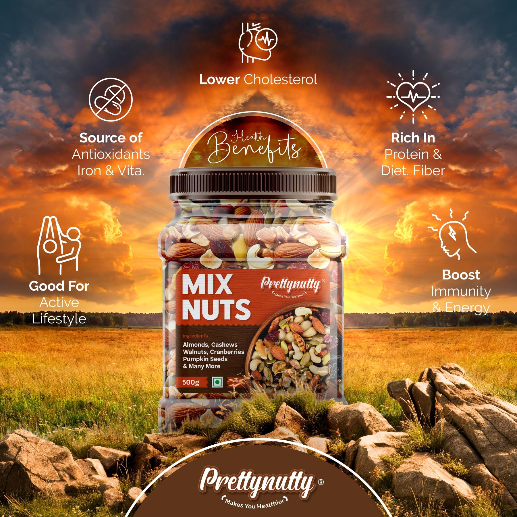 PrettyNutty PrettyNutty Healthy Nutmix 500g, Dried Almonds, Black Raisins, Cashewnuts, Cranberries, Black Dates & Many More. (Pack of Jar)