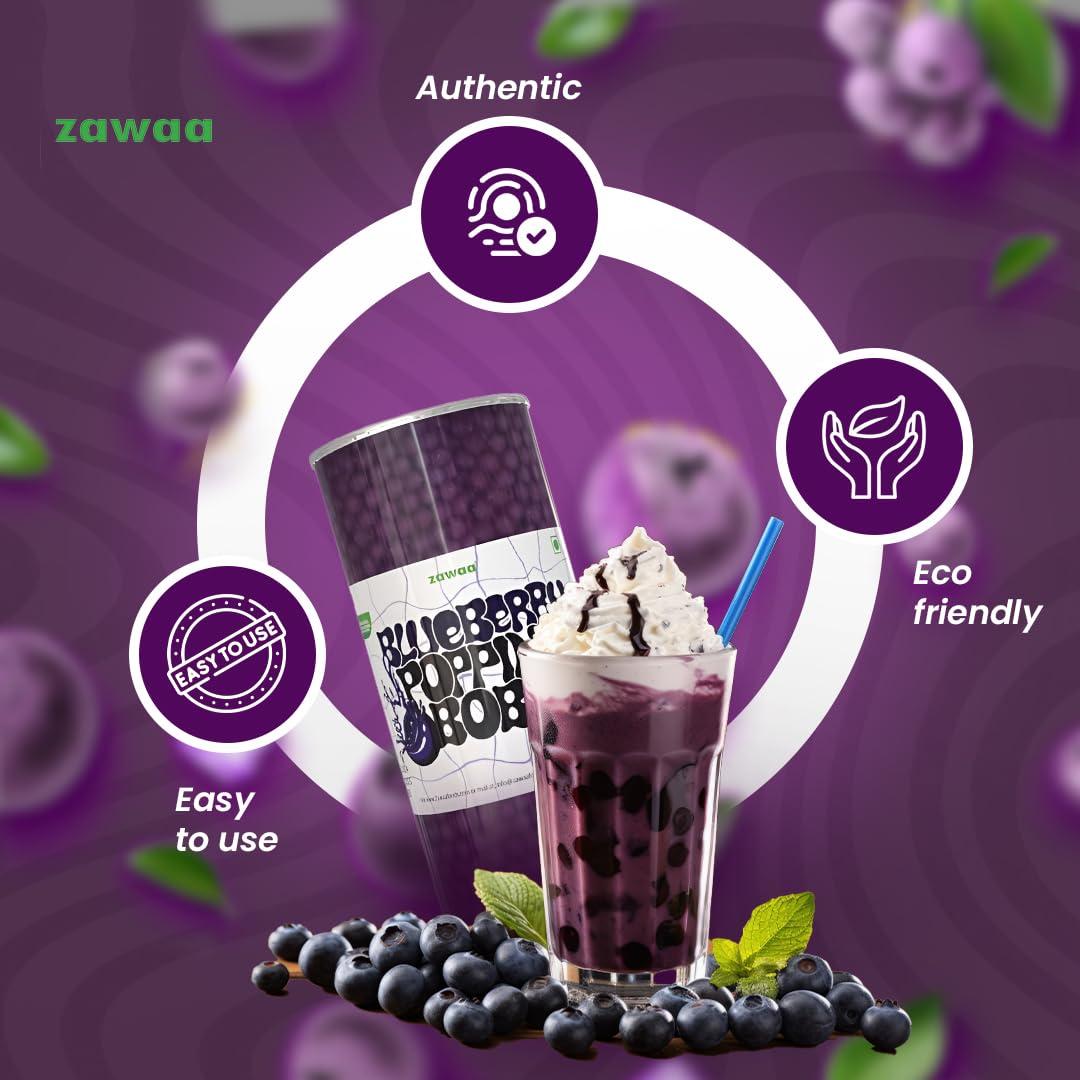 ZAWAA ZAWAA Foods Blueberry Popping Boba Pearls 1Kg - Bursting Bubble Tea With 10 Free paper straw, Vegan | Perfect for Ice-cream, Tea, Smoothies, Falooda, Puddings, Cakes, Froyo, Milkshake, Coffee- Hot & Cold Milk Drinks