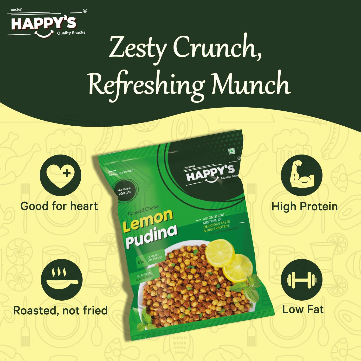 NEXT UP HAPPYS Happy\'s Roasted Chana, 200 gm | Pack of 1 | Lemon Pudina Flavor | Low Fat | Rich in Protein | Roasted to Perfection | No Artificial Flavors | Nutrient-Rich Snacking