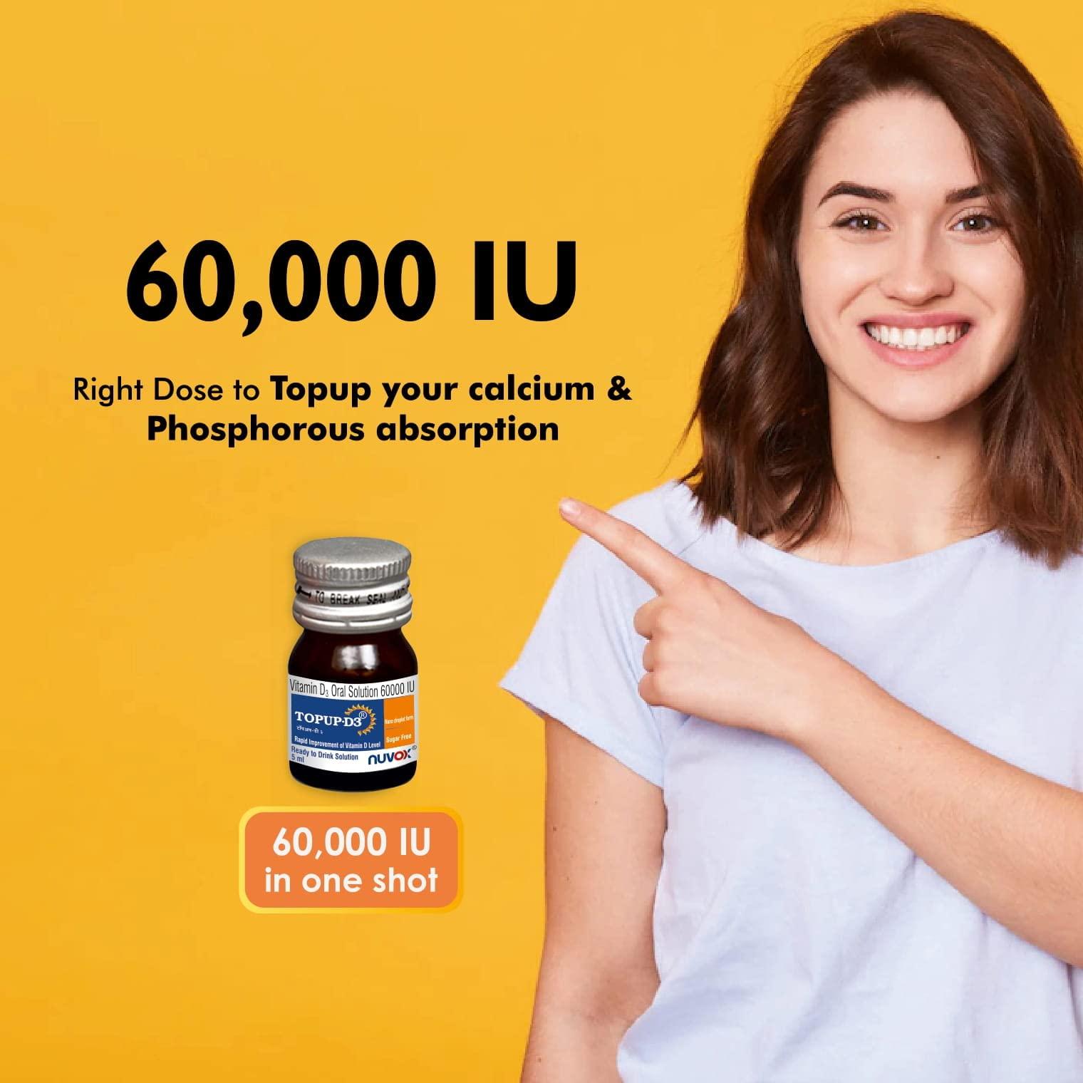 Nuvox Healthcare TOPUP D3 – Ready to Drink Vitamin D3 (Cholecalciferol, 60000 IU) | Nano Shots for Immunity, Healthy Bones & Strong Muscles | Sugar Free Nano Shots | Pack of 4 shots of 5 ml each