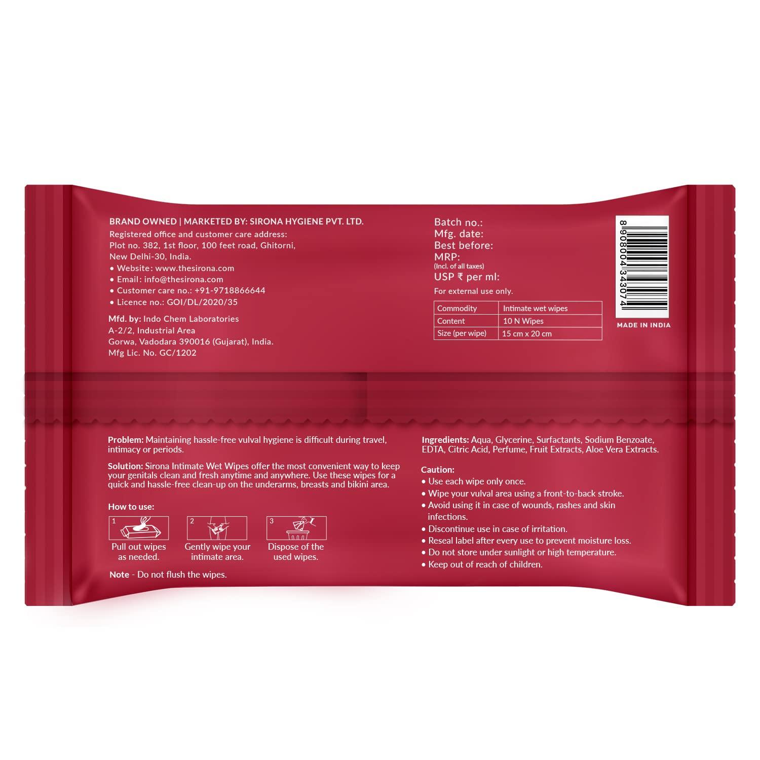 Sirona Sirona Natural Intimate Wet Wipes for Men & Women | Maintains PH Balance | Infused with Aloe Vera, Lavender Oil & Cucumber Extracts | Gentle and Safe | Hypoallergenic | Paraben Free | 20 Wipes