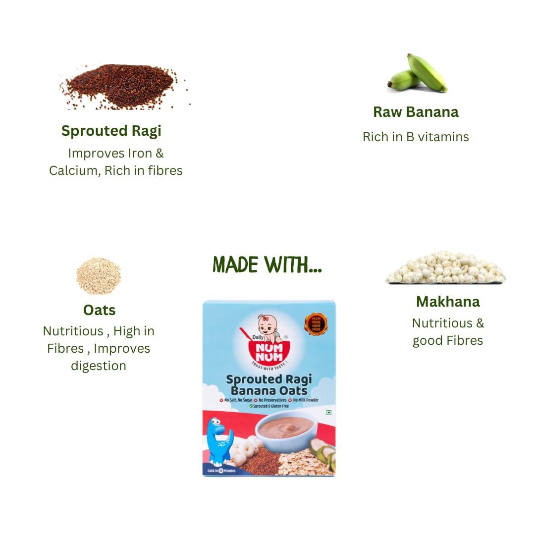 Daily NUM NUM Daily NUM NUM Organic Ragi Banana Oats | No Salt, No Sugar Ragi Cereals | Sprouted Healthy Raw Banana Baby food cereal | No Milk Powder | 200g pack