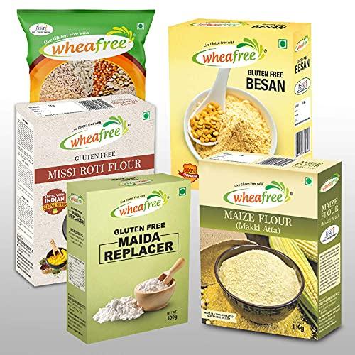 wheafree Wheafree Gluten Free Makki Atta (1Kg), Gluten Free Multigrain Flour (1Kg), Gluten Free Besan (1Kg), Gluten Free Maida Replacer (500g) and Gluten Free Missi Roti Atta (1Kg) | Gluten Free Flours Combo P