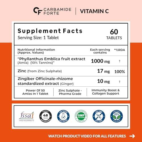 Carbamide Forte Carbamide Forte Natural Vitamin C Amla Extract 1000mg with Zinc for Immunity Boost & Skincare - 60 Veg Tablets