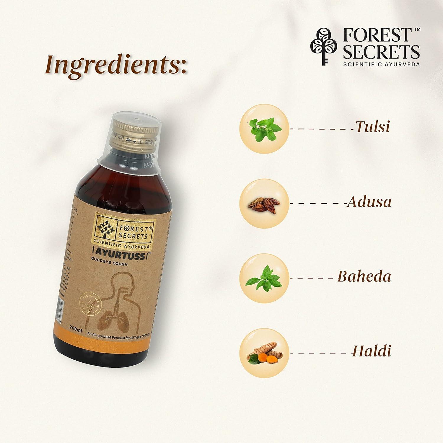 FOREST SECRETS Forest Secrets Ayurtuss Cough Syrup- 200ml, Non-Drowsy Ayurvedic Cough Reliever, Fast Relief from Cough, Sore Throat & Cold (Ayurtuss- Adult (Pack of 1))