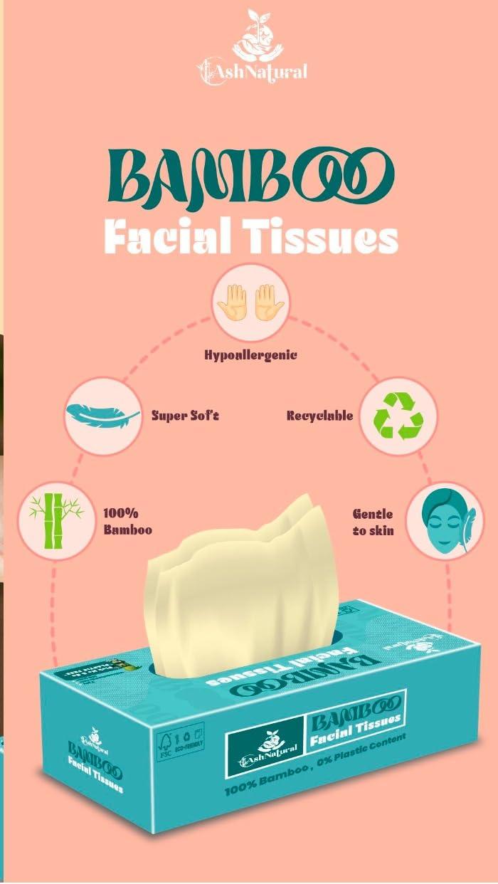 AshNatural AshNatural Bamboo Facial Tissue (Pack of 12) 1200 Pulls 2-Ply, 100% Bamboo|Disposable and Eco-friendly Tissue|Tree-Free Solution, Skin Friendly & Unbleached 1200 Pulls