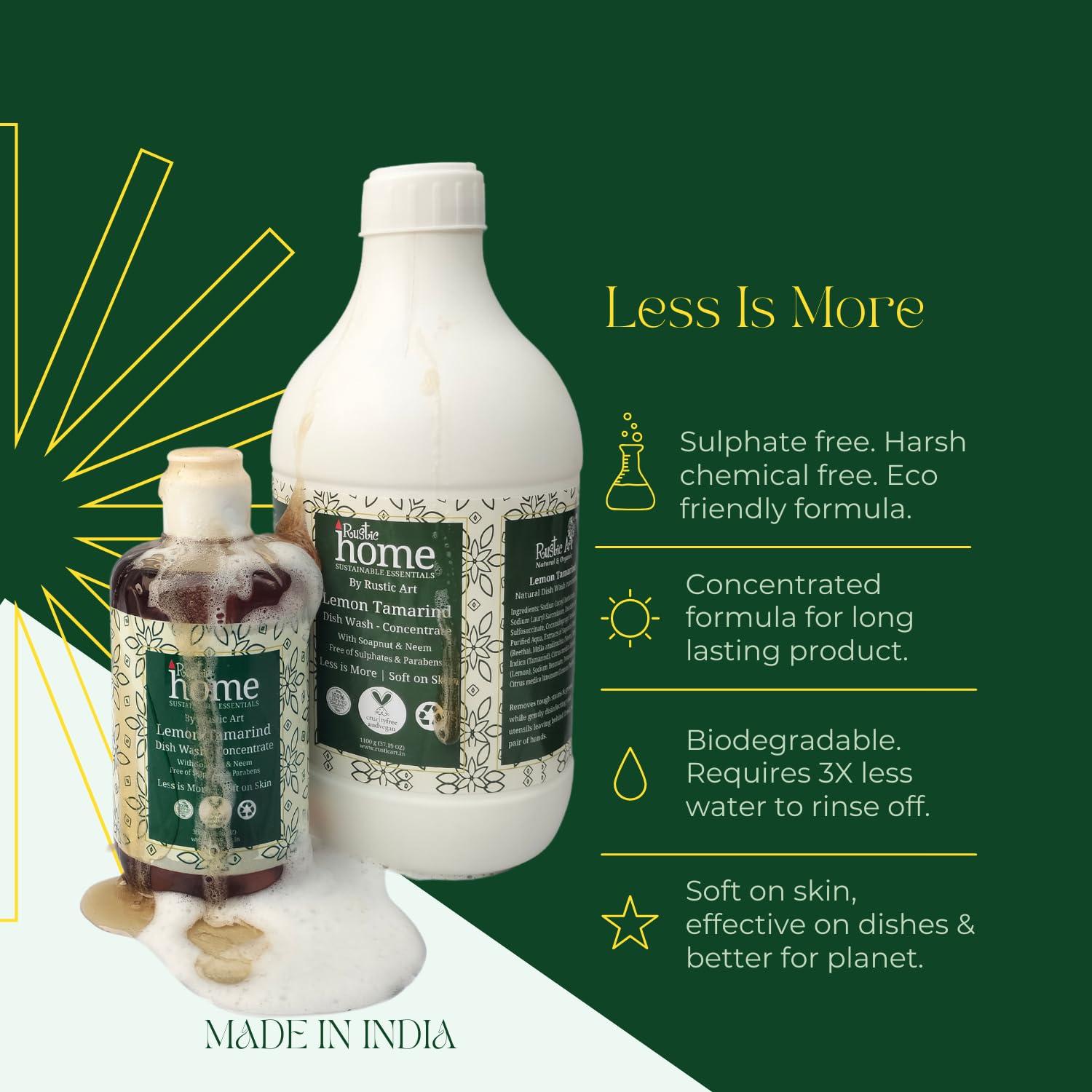 Rustic Art Rustic Art Lemon Tamarind Dish Wash Concentrate with Soapnut & Neem | Converts to 11 litres liquid, refill pack | Natural & Toxin free |(1100g (Pack of 1))