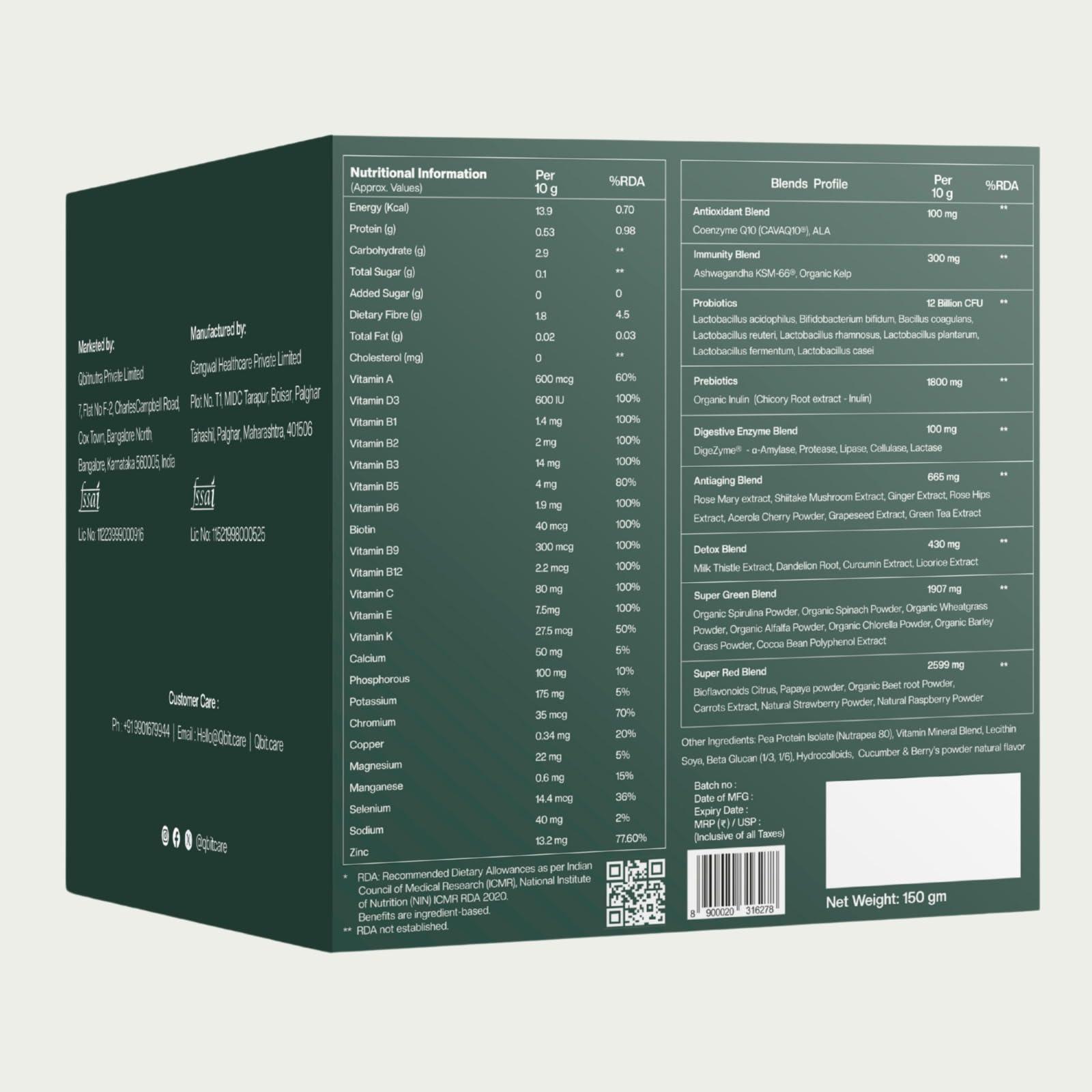 QBIT Qbit Gut Health Supplements Drink | Prebiotics | Probiotics | Plant Based | Daily Nutrition for Women and Men | Support Gut Health, Constipation, Digestion, Immunity | No Preservatives, No Color, Zero Sugar (15 Days Servings Sachets)