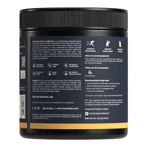 Nutrabay Nutrabay Gold L-Arginine Supplement Powder - 120g, Lemon Flavor | Pre Workout Amino Acid for Endurance, Muscle Building & Faster Recovery