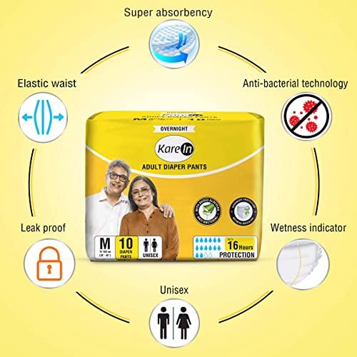 KareIn KareIn Overnight Adult Diaper Pants, Medium 75-100 Cm (30\"- 40\"),30 Count, Unisex, Leakproof, Elastic Waist, With Aloe Vera Lotion, Anti-Bacterial, ADL, Wetness Indicator, Pack of 3