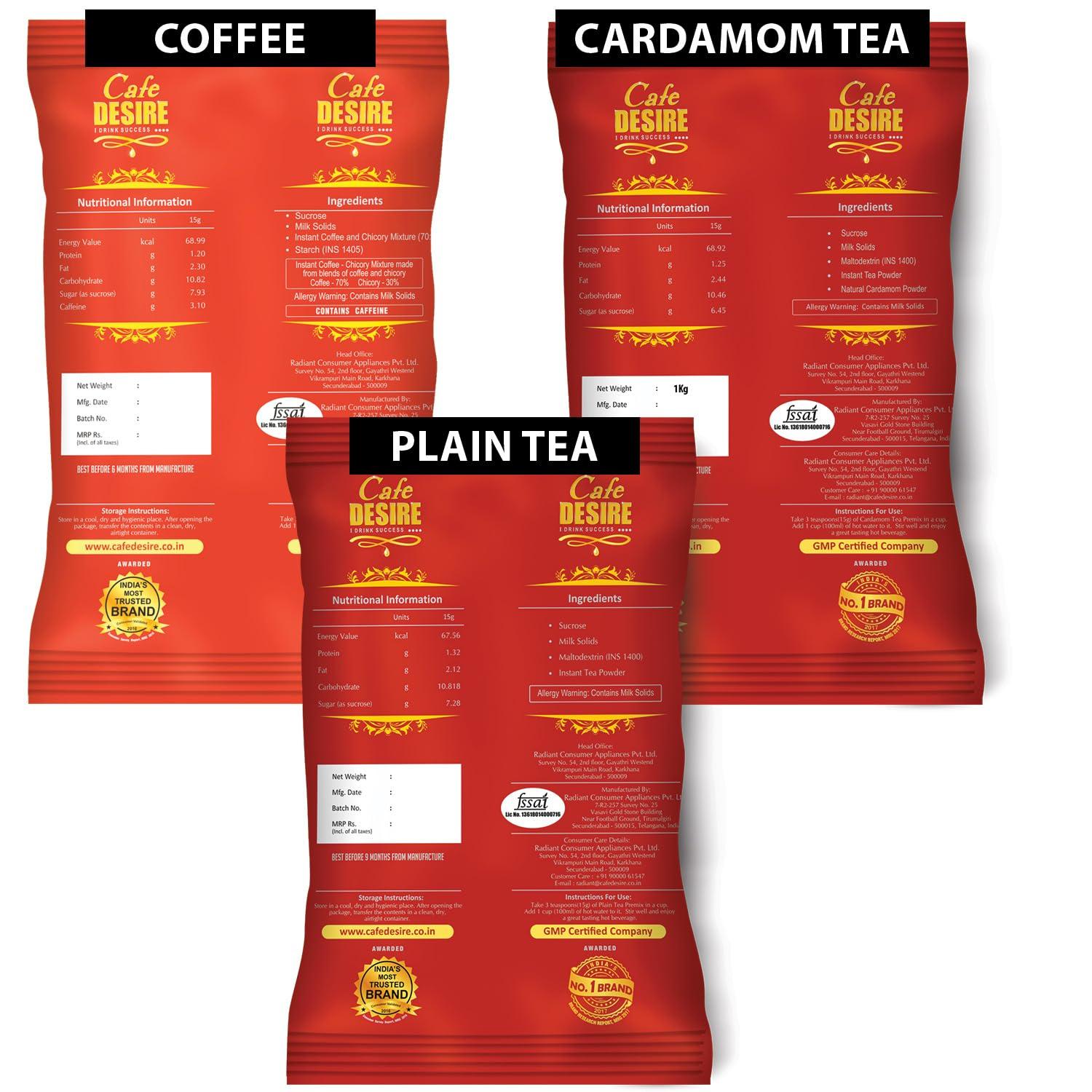 Cafe DESIRE I DRINK SUCCESS Cafe DESIRE I DRINK SUCCESS Instant Coffee Premix 1Kg, Cardamom Tea Premix 1Kg, Plain Tea Premix 1Kg|Pack Of 3 X 1 Kg|Makes 250 Cups|Vending Machines Suitable, Manual-Add Hot Water, Ground, Can