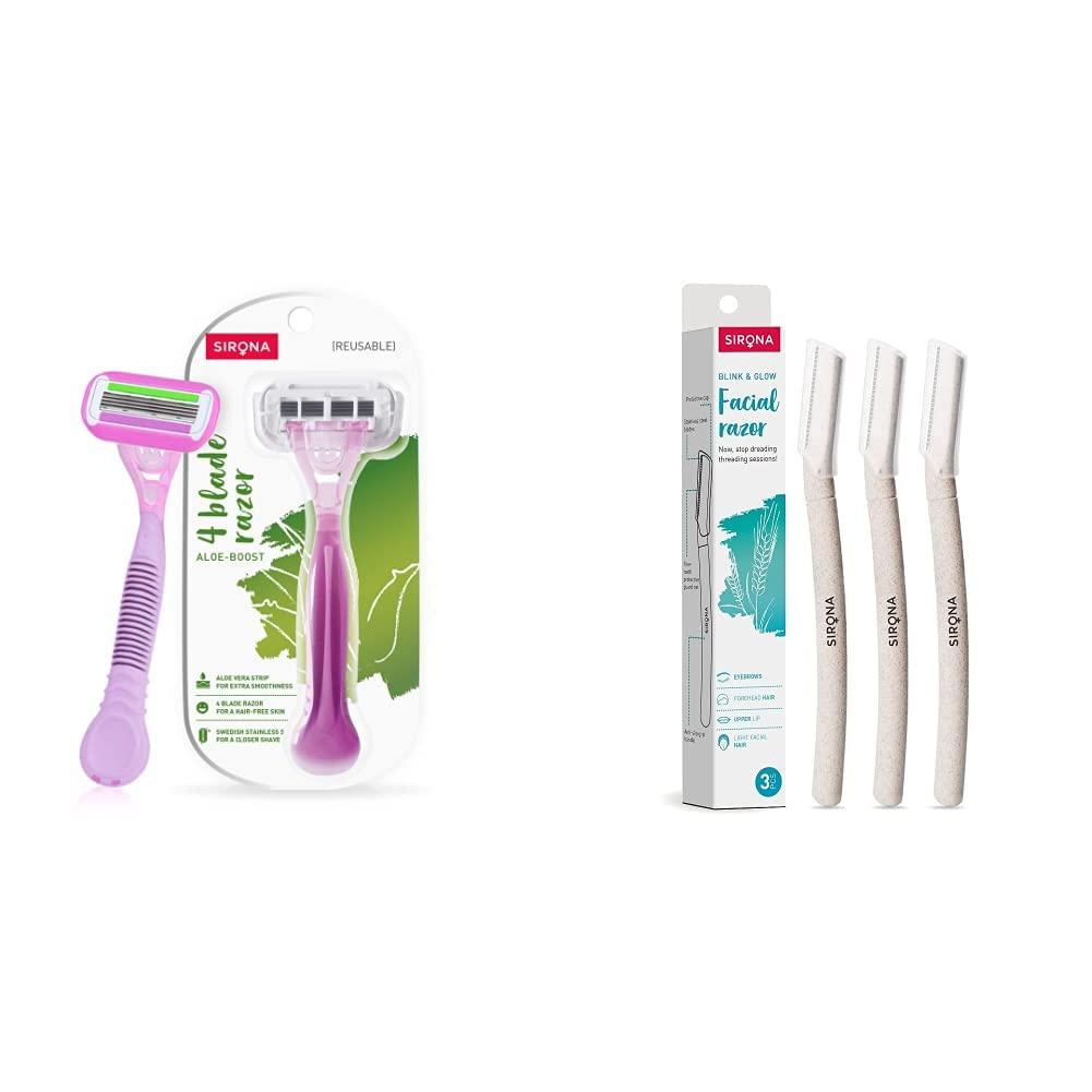 Sirona Sirona 4 Blade Reusable Razor for Women - 1 Unit with Blink and Glow Face Razor - 3 Razors