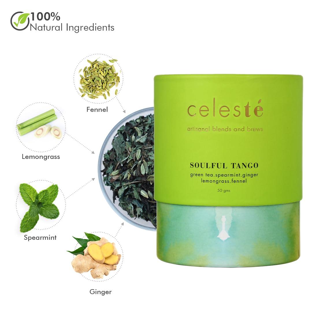 Celeste Celeste Green Tea SOULFUL TANGO Premium Whole Leaf, 100% Natural Ingredients Spearmint, Ginger, Lemongrass, Fennel and Green Tea, 50gm - 20 Cups