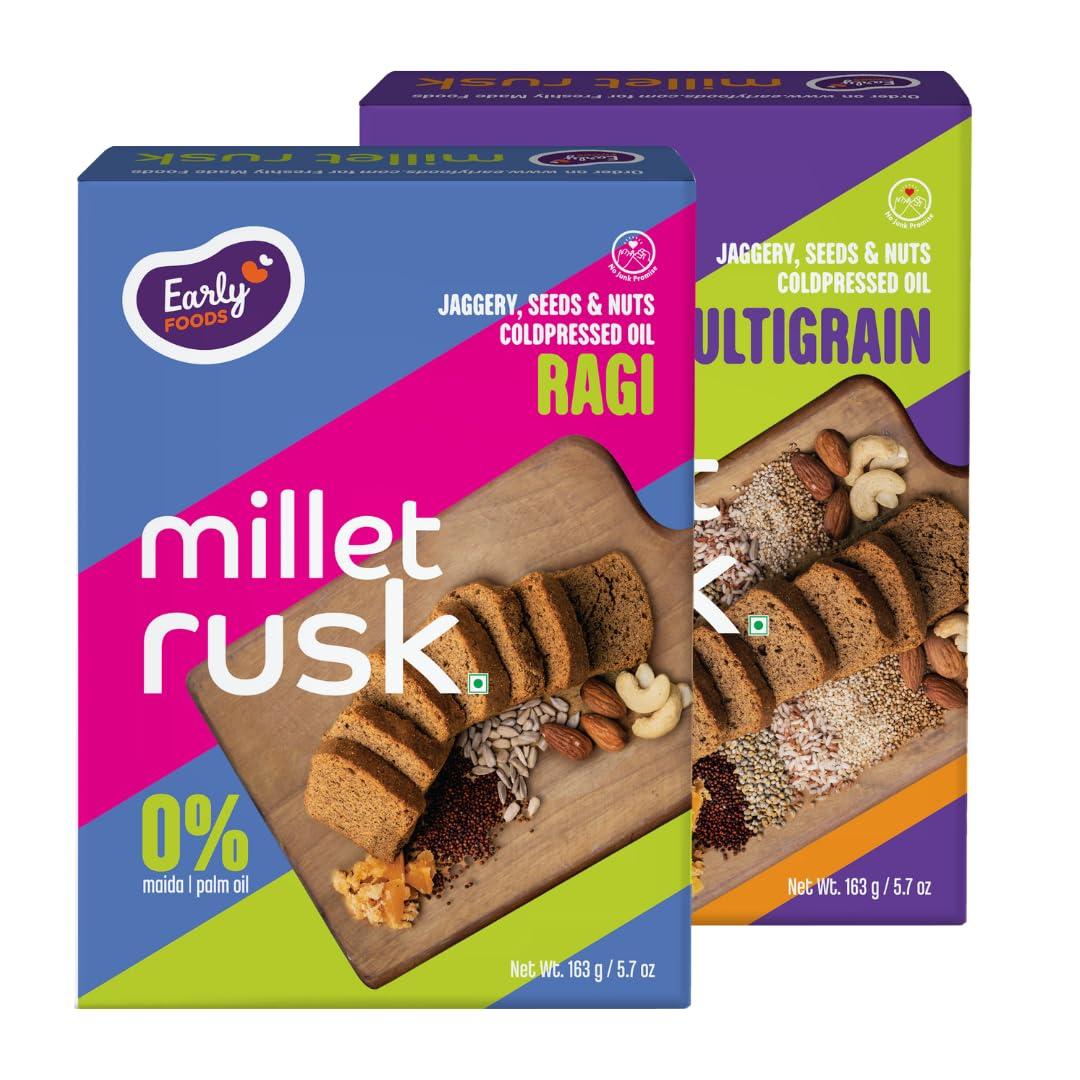 Early Foods Early Foods Assorted Pack of 2: ZERO Maida Ragi Rusk & Multigrain Rusk | Sugarfree Millet Rusk with Jaggery | Millet & Atta Rusk No Maida | Kids Snack | 230g x 2
