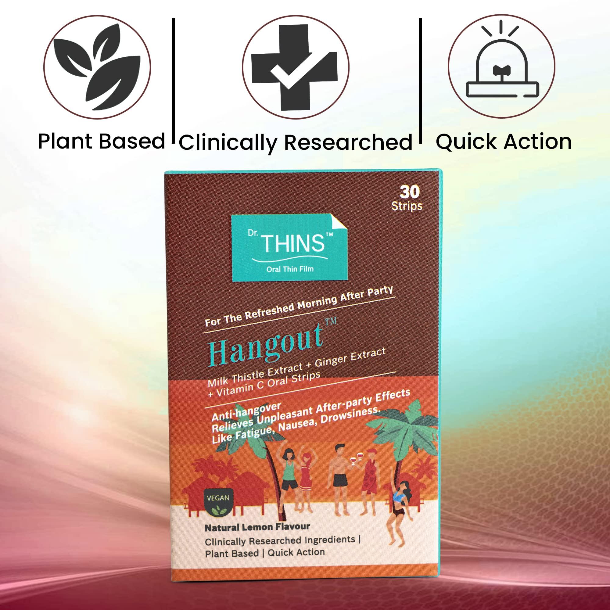 Dr Thins Oral Thin Film Dr.Thins Hangout for A Refreshed Morning After Party,Plant Based Milk Thistle Extract, Ginger Extract, Vitamin C for Anti Hangover and Relief from After Party Effects- 30 Oral Strips (Pack of 2)