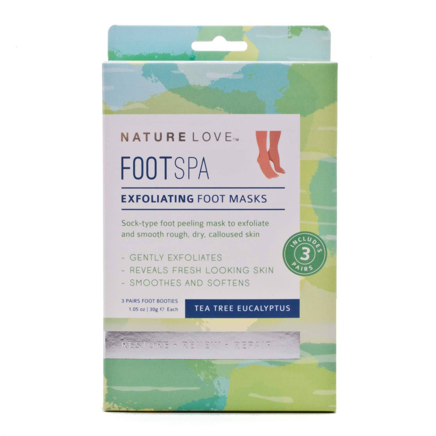 NATURE LOVE HARMONIOUS WELL-BEING Nature Love Exfoliating Foot Mask | Tea Tree Eucalyptus | Lactic Acid and Urea | Gently Exfoliates and Removes Dead Skin | Paraben Free (3 Pairs)